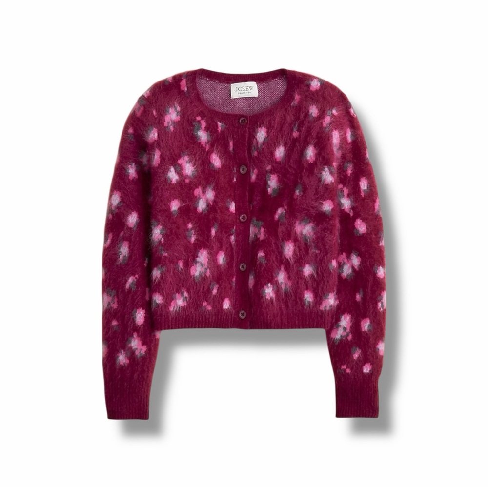 J. Crew Brushed Cashmere Cropped Cardigan in Mulberry Blurred Roses - NWT, Med